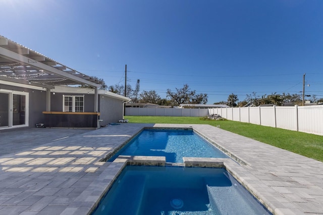 view of swimming pool with a patio area, an in ground hot tub, a lawn, and a pergola