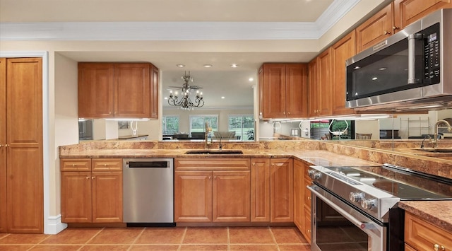 kitchen with light tile patterned floors, appliances with stainless steel finishes, a chandelier, crown molding, and sink