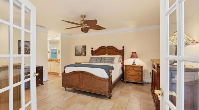 tiled bedroom featuring french doors, ensuite bathroom, crown molding, and ceiling fan