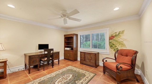 office area featuring ceiling fan, crown molding, and light tile patterned flooring