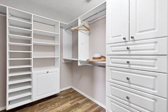 walk in closet with dark hardwood / wood-style flooring