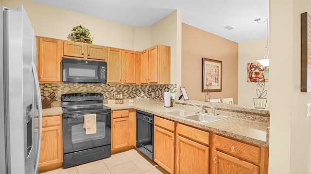 kitchen with kitchen peninsula, sink, black appliances, light tile patterned flooring, and tasteful backsplash