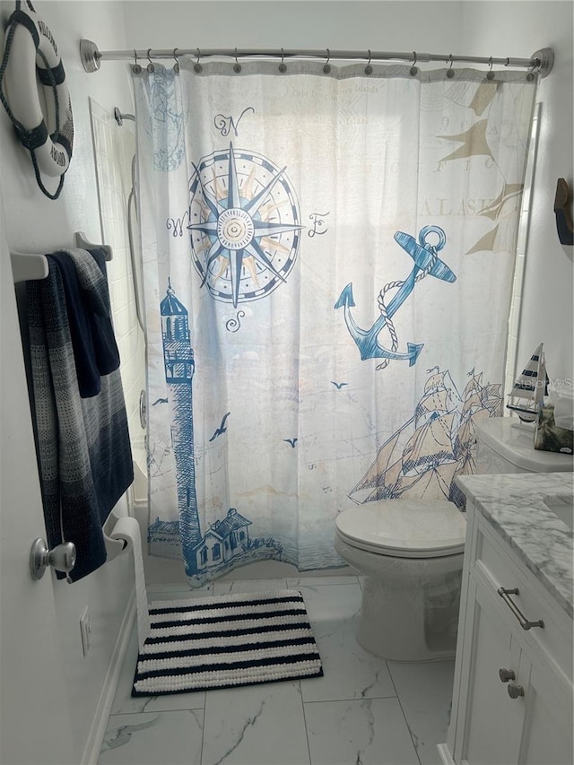 bathroom featuring shower / bath combination with curtain, marble finish floor, toilet, and vanity