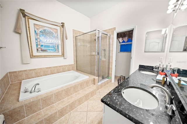 bathroom with vanity, plus walk in shower, and tile patterned floors