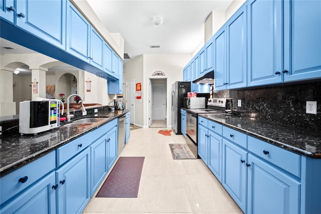 kitchen with blue cabinets, sink, and appliances with stainless steel finishes