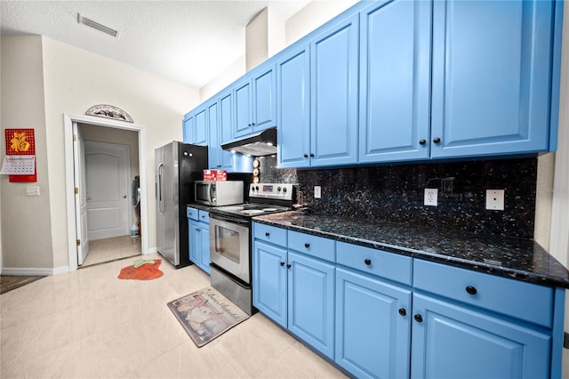 kitchen with blue cabinetry, appliances with stainless steel finishes, and decorative backsplash