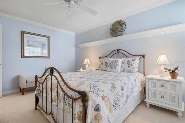 bedroom with ceiling fan, light carpet, and ornamental molding