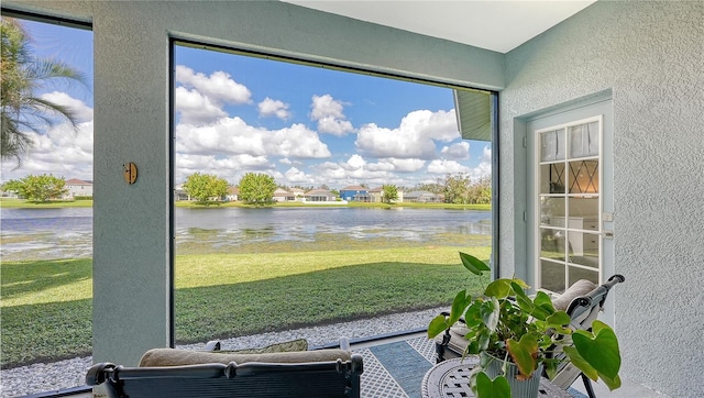 interior space with a water view