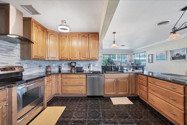 kitchen featuring backsplash, appliances with stainless steel finishes, sink, wall chimney exhaust hood, and decorative light fixtures