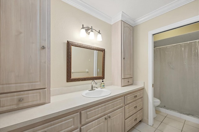 bathroom featuring toilet, tile patterned flooring, a shower with curtain, crown molding, and vanity