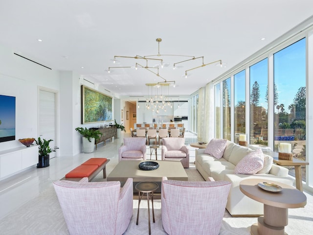 living room with a chandelier