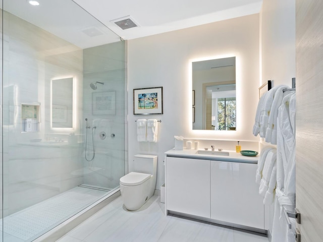 bathroom with tile patterned flooring, vanity, toilet, and an enclosed shower