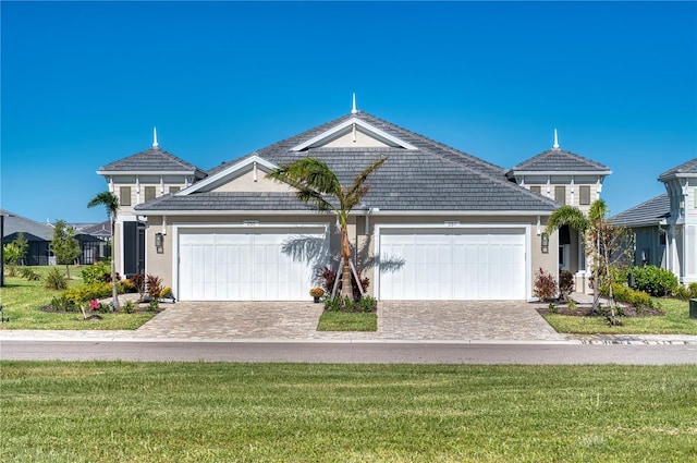 view of front of home with a garage and a front lawn