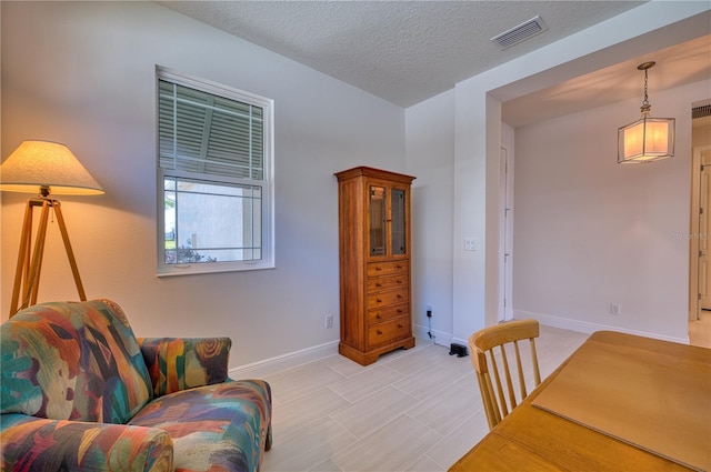 sitting room featuring baseboards, visible vents, and a textured ceiling