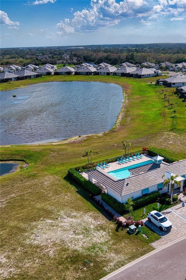 bird's eye view with a water view and a residential view