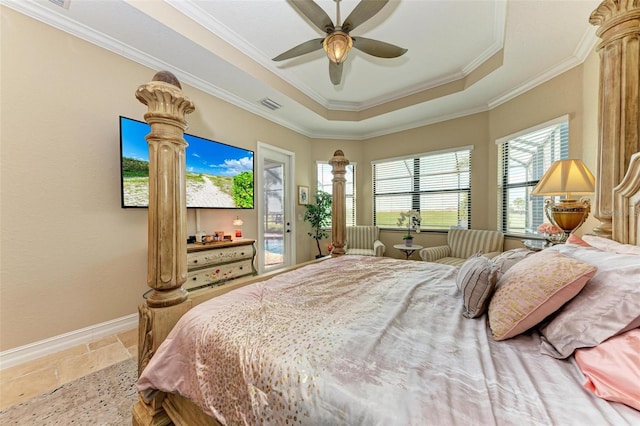 bedroom with crown molding, access to exterior, a tray ceiling, and ceiling fan