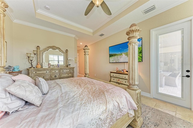 bedroom with crown molding, access to outside, and ceiling fan