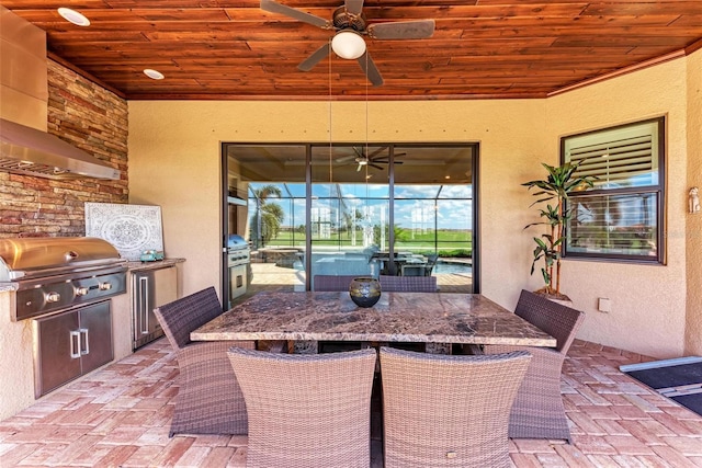 exterior space featuring wood ceiling and ceiling fan