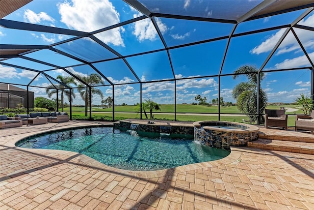 view of pool featuring a patio, an in ground hot tub, a lanai, and an outdoor living space