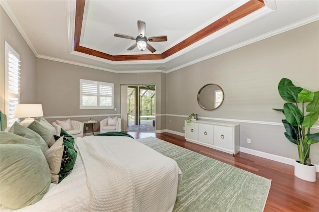 bedroom featuring access to exterior, ceiling fan, dark wood-type flooring, and ornamental molding