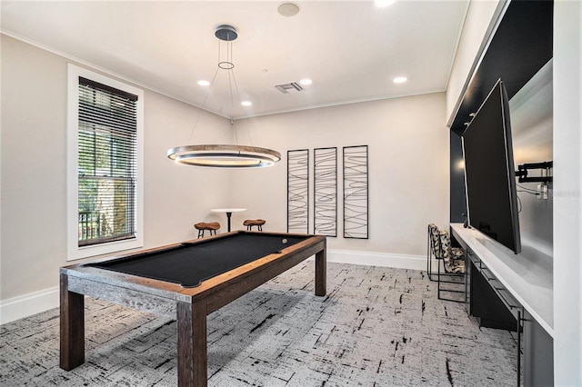 playroom with light colored carpet, billiards, and crown molding