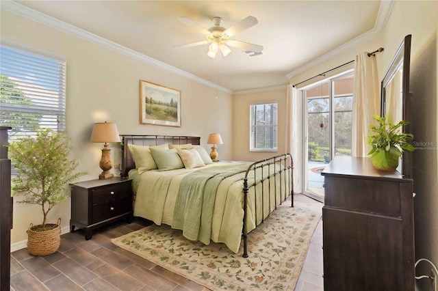 bedroom featuring ceiling fan, crown molding, and access to outside