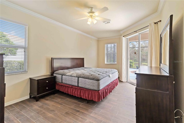 bedroom with ceiling fan, access to exterior, and ornamental molding