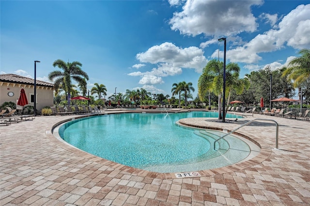 view of swimming pool featuring a patio