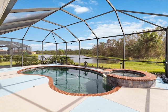 view of swimming pool with a patio area, a lanai, an in ground hot tub, and a water view