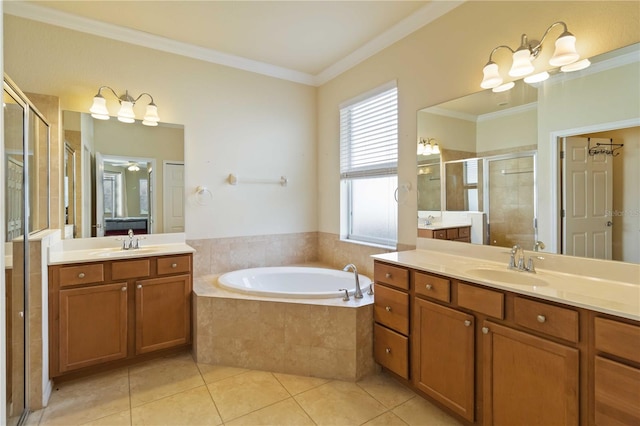 bathroom featuring vanity, tile patterned flooring, plus walk in shower, and ornamental molding