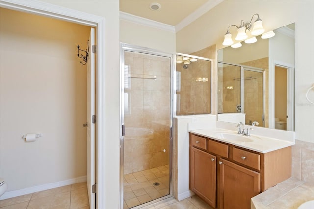 bathroom featuring toilet, walk in shower, ornamental molding, and tile patterned flooring