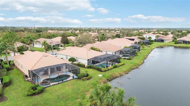 drone / aerial view featuring a water view