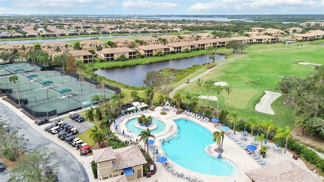 115 Winding River Trl, Bradenton, FL 34212 - aerial overview of property's location with a pool area, a large body of water, nearby suburban area, and a golf club