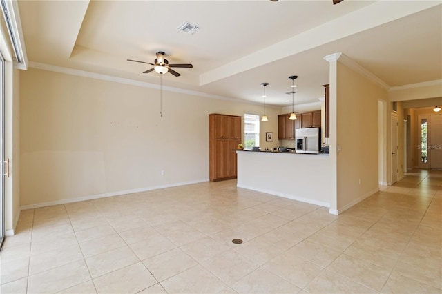 115 Winding River Trl, Bradenton, FL 34212 - unfurnished living room featuring ceiling fan, light tile patterned floors, baseboards, crown molding, and a raised ceiling