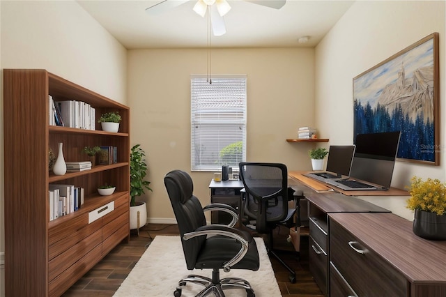 115 Winding River Trl, Bradenton, FL 34212 - office area with ceiling fan, dark wood-style floors, and baseboards