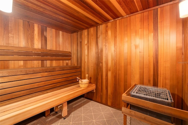 view of sauna / steam room featuring wood walls and wooden ceiling