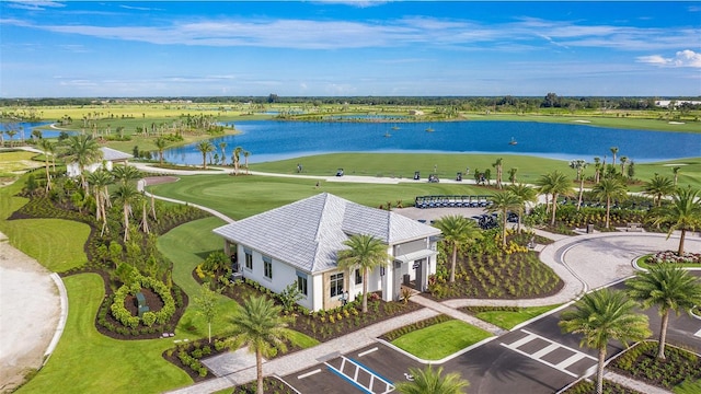 drone / aerial view with a water view