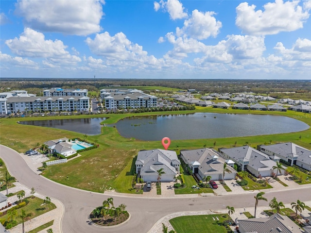 drone / aerial view featuring a water view