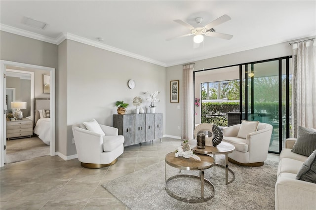 tiled living room featuring ceiling fan and crown molding