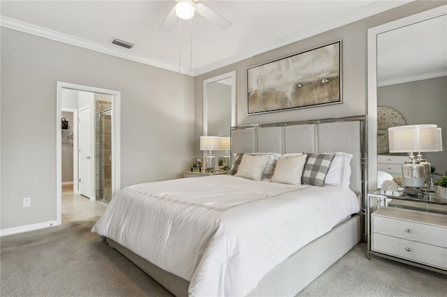 bedroom with ceiling fan, carpet floors, and crown molding