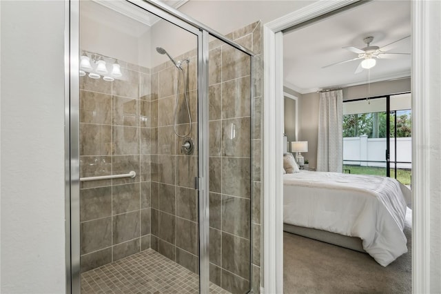 bathroom with baseboard heating, walk in shower, ornamental molding, and ceiling fan