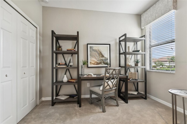 home office featuring light colored carpet