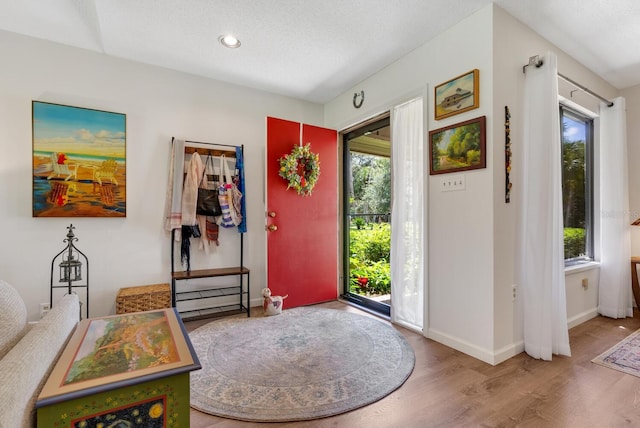 entrance foyer with a textured ceiling and hardwood / wood-style flooring