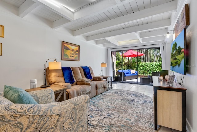 tiled living room with beamed ceiling and wooden ceiling