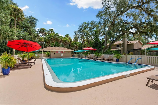 view of swimming pool with a patio area