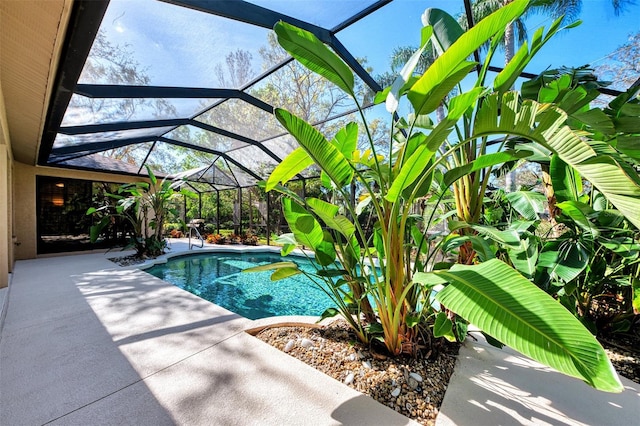 view of pool with a patio and glass enclosure