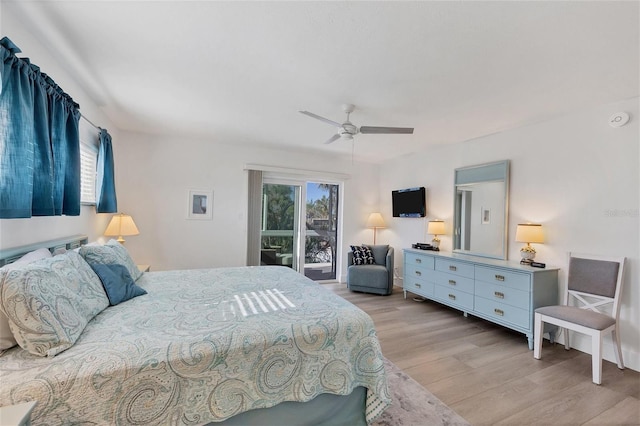 bedroom with ceiling fan and light wood-type flooring