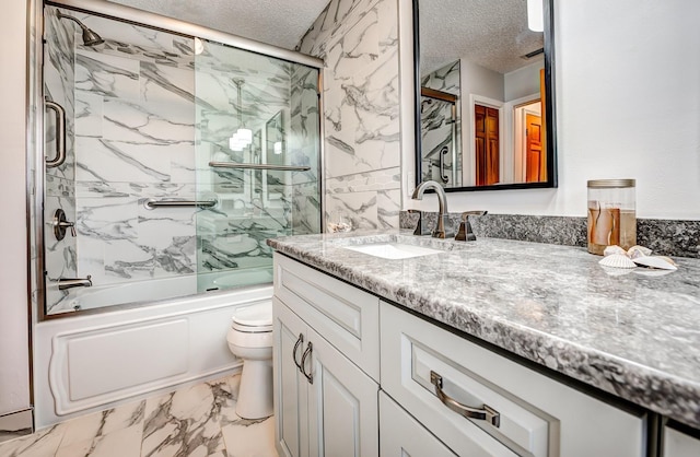 full bathroom featuring a textured ceiling, enclosed tub / shower combo, toilet, vanity, and marble finish floor