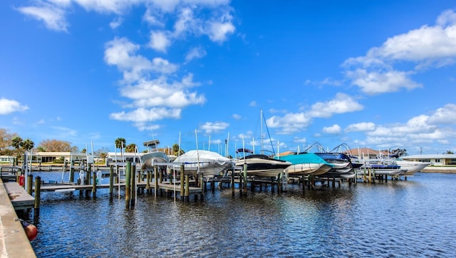 dock area with a water view and boat lift