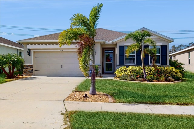 ranch-style house with stucco siding, an attached garage, driveway, and a front yard